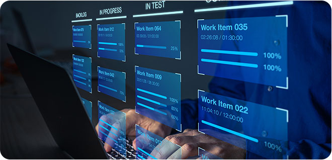 Agile software development with developer using Kanban board framework methodology on computer. Devops team, lean project management tool for fast changes, incremental work, iterative process.